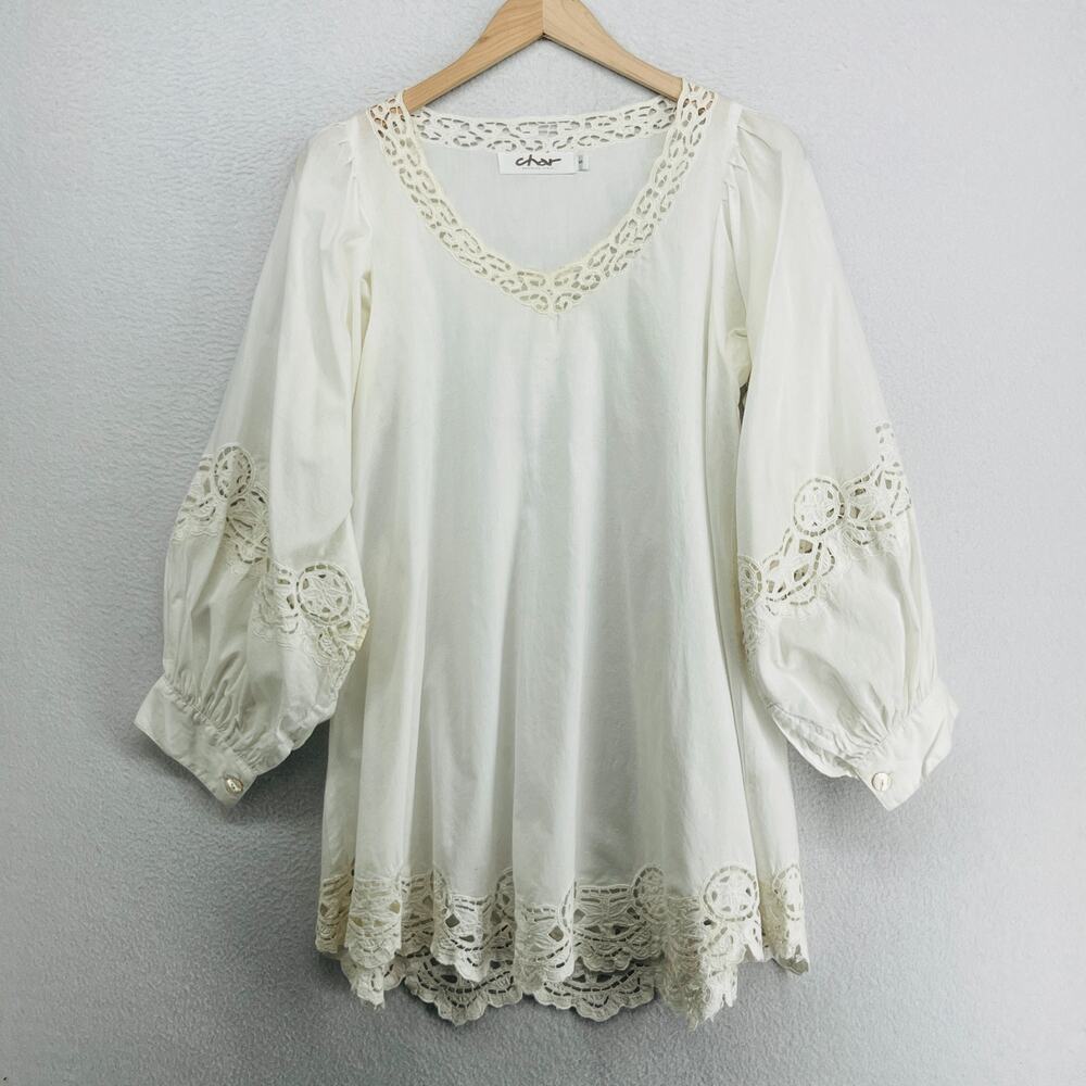 CHAR Top S Juliette Tunic Lace Trim Eyelet V-Neck Long Sleeve Cotton White